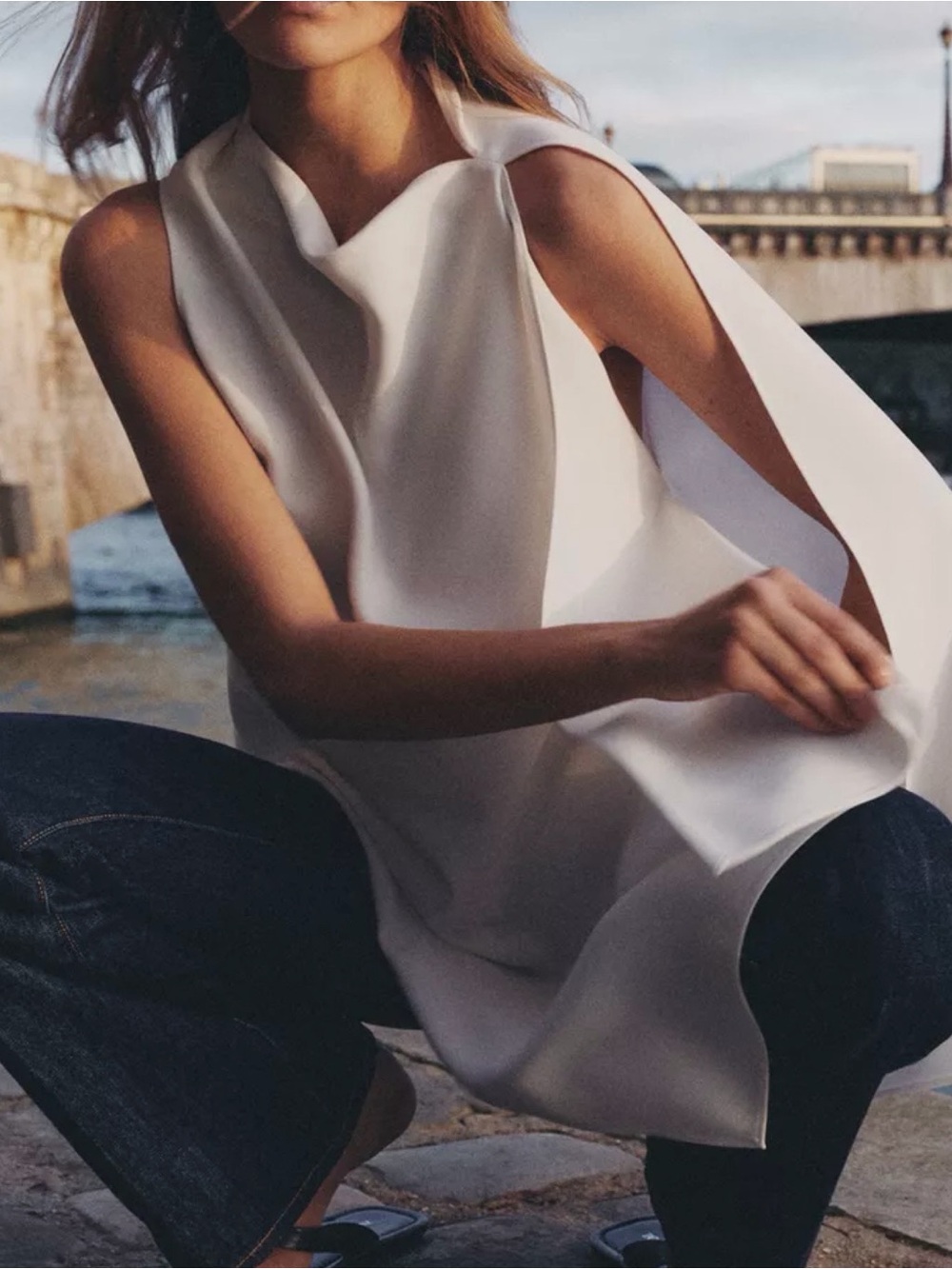 Zara White Asymmetrical Draped Tunic Cape Top